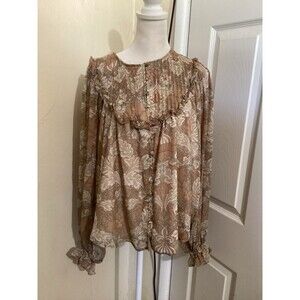 Bishop & Young Tan Floral Sheer Long Sleeve Blouse Boho Peasant S